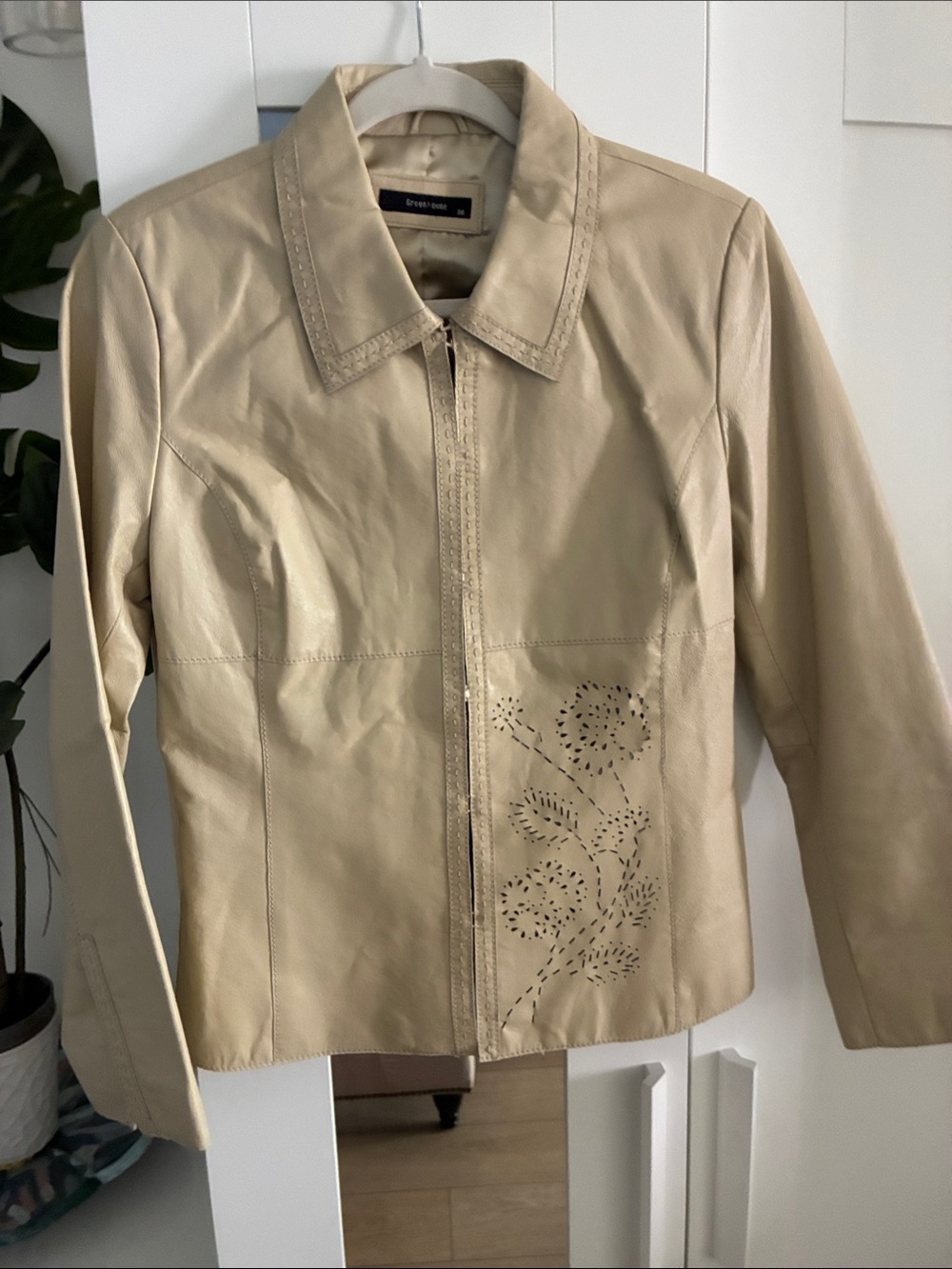 Beige Women's Leather Jacket with Perforated Floral Detail